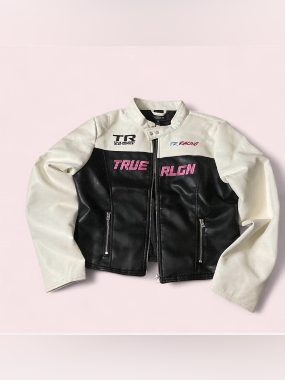 True Religion Colorblock Racer Moto Leather Jacket Racing - Picture 2 of 7